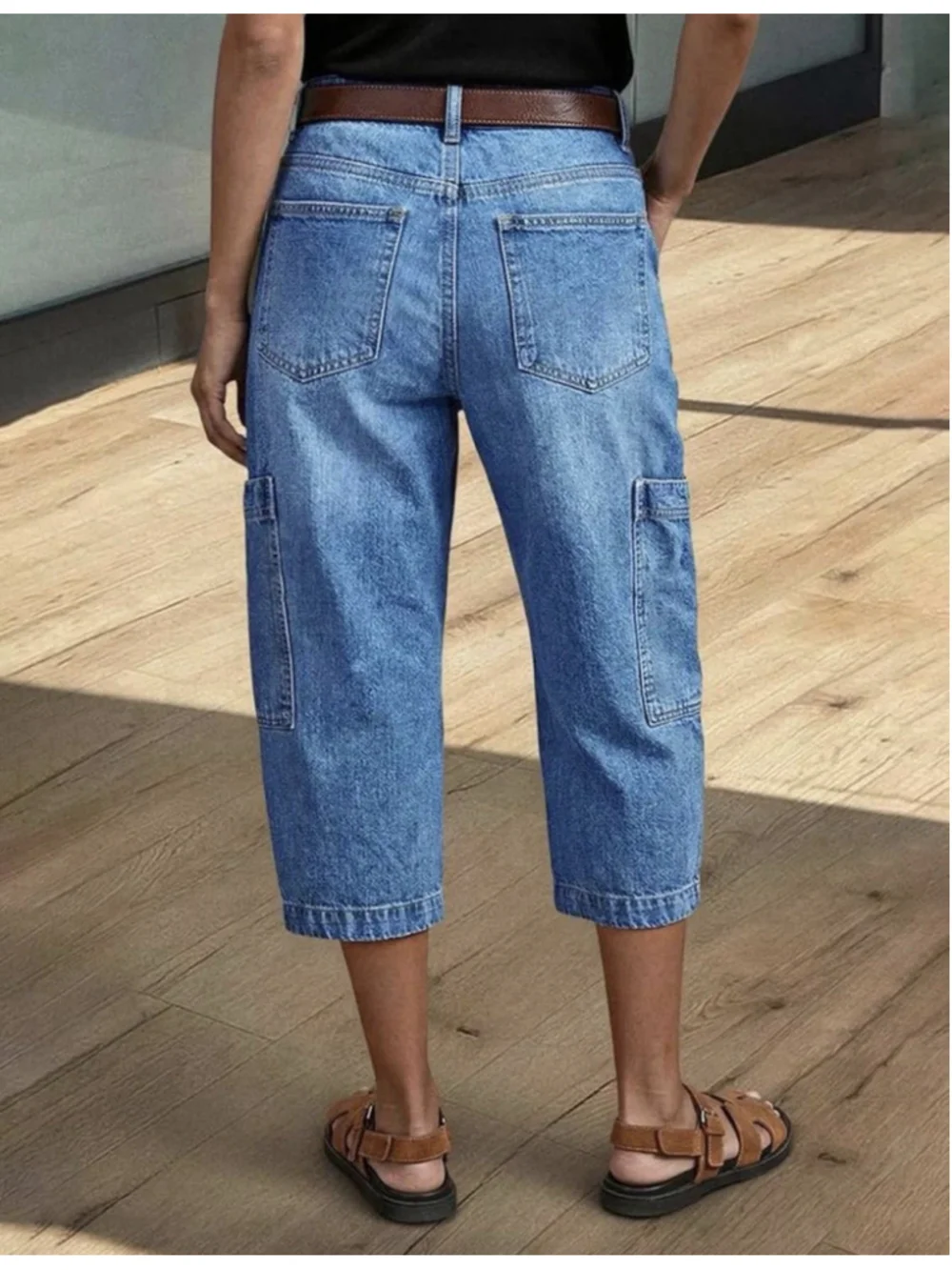 Flamingals Barrel Leg Mid Waist Capri Jeans for Women Wash Pocket Side Cargo M